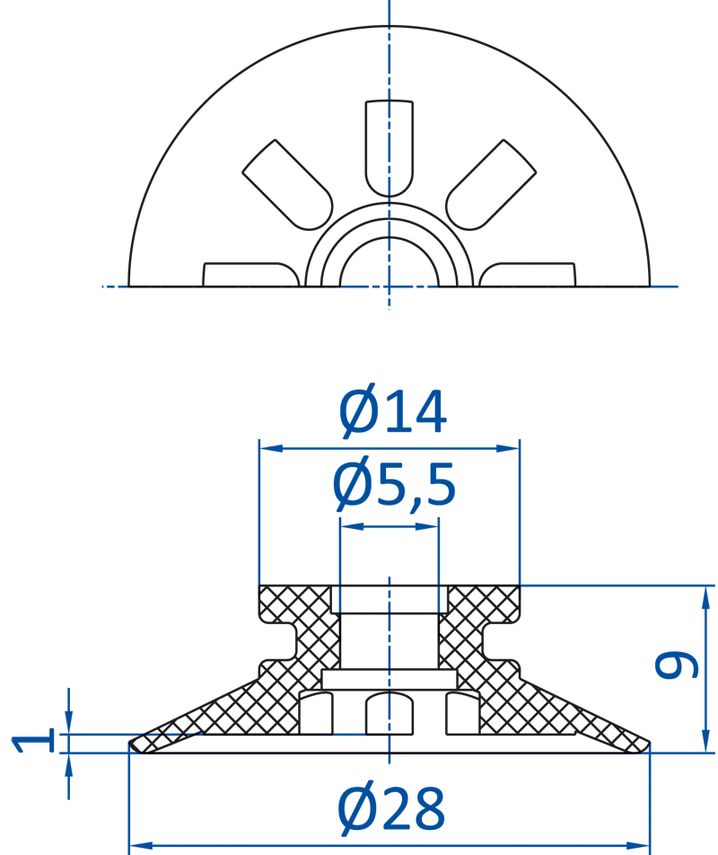 Размеры плоской вакуумной присоски FIPA серии SP-FA(модульные)125.025.007